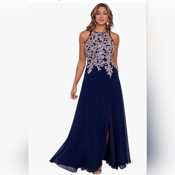 Betsy & Adam "Katie" Long Chiffon BEADED Navy Blue and Silver Halter Maxi Dress - Picture 1 of 8